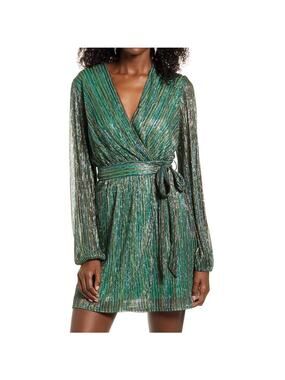4Sienna Wrap Dress Metallic Stripe New Years Party Glam Cocktail Green Size S
